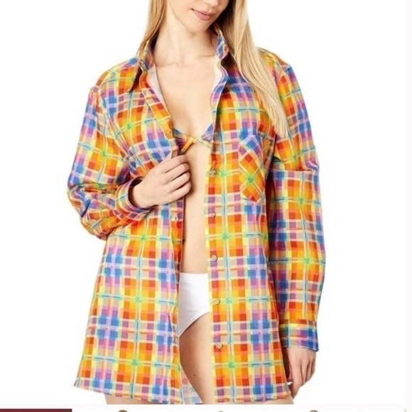 WeWoreWhat Tops - WeWoreWhat Rainbow Plaid Oversized Shirt Linen Blend Button Down XS NWOT